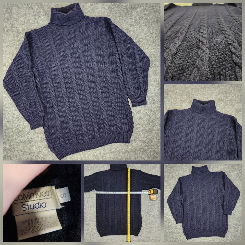 VTG Calvin Klein Studio Womens S Small USA Made Wool Long Cableknit Cowl Sweater